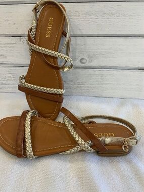 GUESS Gold & Tan Braided Strap Sandals Women Size 8 Low Heel Summer FestivalChic